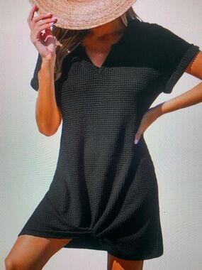 Black Waffle Knit Short Sleeve Tie-Hem Dress